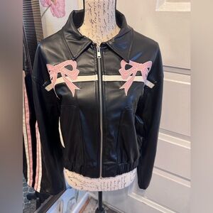 Black Faux Leather Zip Jacket with Pink Bow Accents
